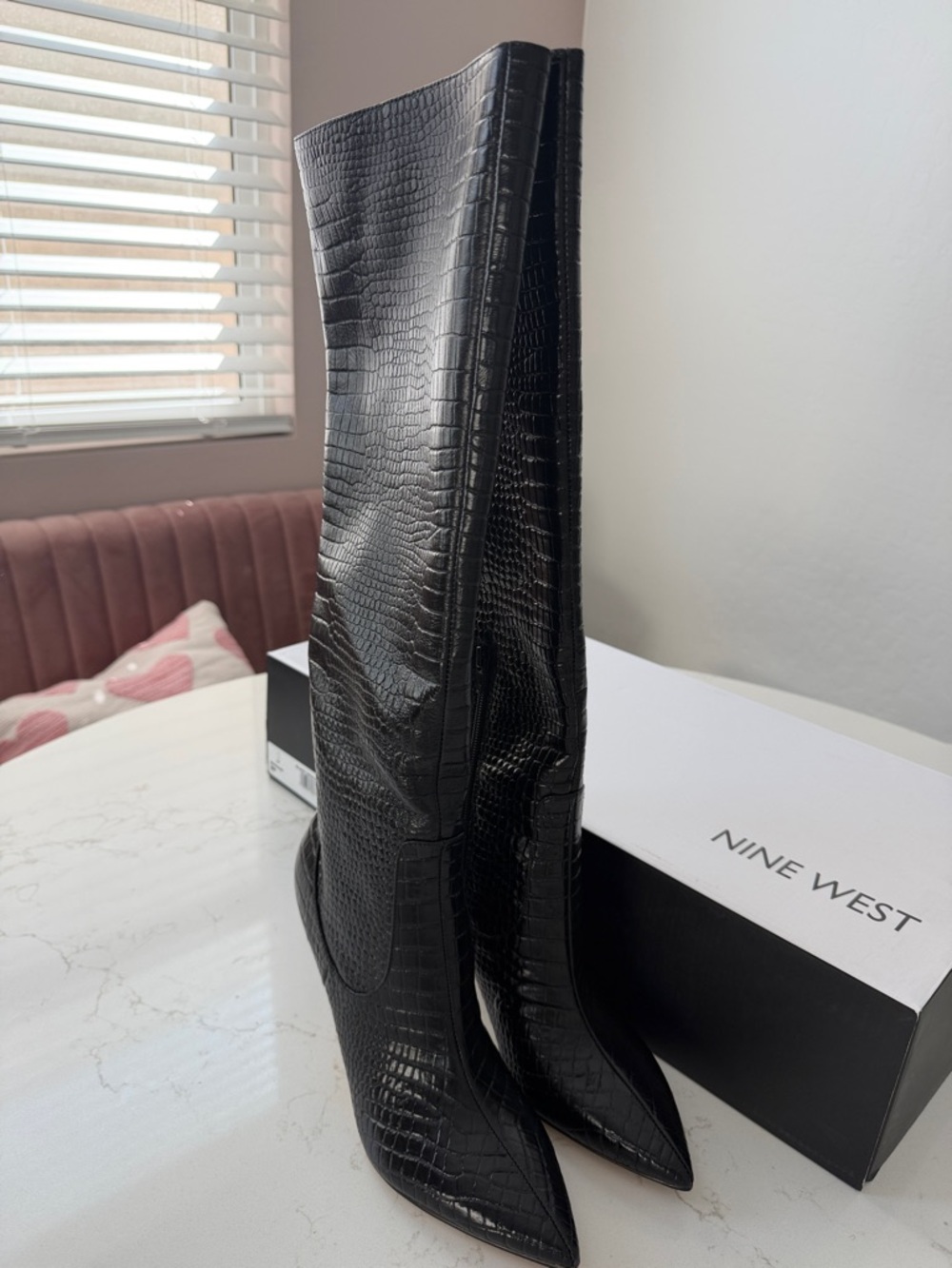 Nine West Black Croc-Embossed Pointed-Toe Knee Boots
